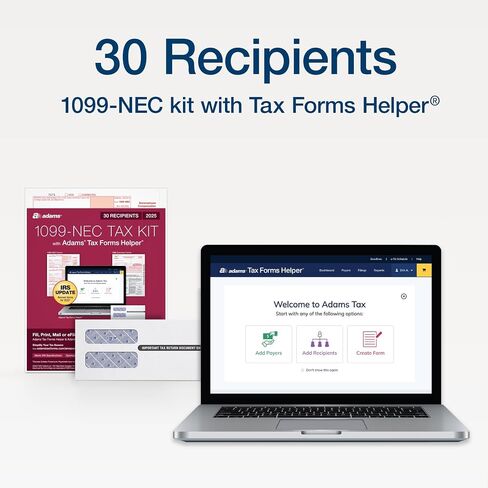 Adams 1099 NEC Forms 2025, 3-Part Kit for 30 Recipients, Inkjet/Laser Printer Compatible, Includes 3 1096 Forms, 30 Self-Seal Security Envelopes, Access to Adams Tax Forms Helper (1017230) in Kuwait