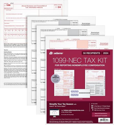 Adams 1099 NEC Forms 2025، حزمة مكونة من 3 أجزاء لـ 50 مستلمًا، متوافقة مع طابعة نفث الحبر/الليزر، تتضمن 6 نماذج 1096، و50 ظرف أمان ذاتي الغلق (1017231) in Kuwait