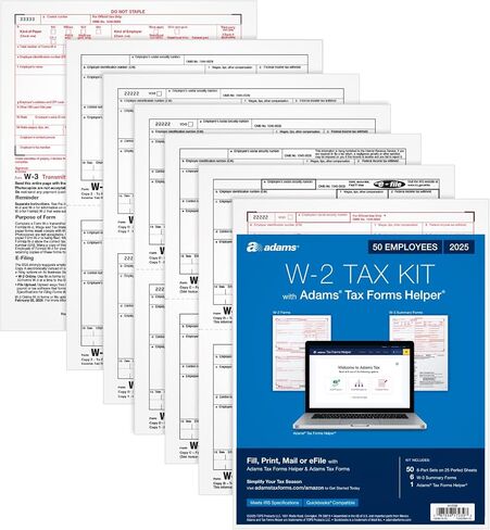 Adams W-2 Forms 2025, 6-Part Kit for 50 Employees/Recipients, Inkjet/Laser Printer Compatible, Includes 6 W-3 Forms, Access to Adams Tax Forms Helper (1017239) in Saudi Arabia