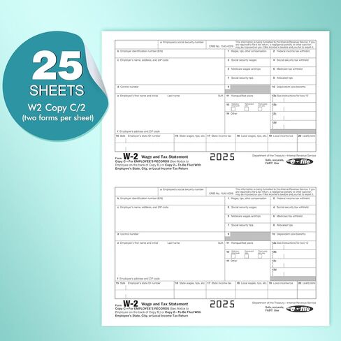 نماذج W2 لعام 2025 مع مظاريف، مجموعة مكونة من 4 أجزاء، 25 نموذجًا ضريبيًا لموظف الليزر W2 لعام 2025، 25 مظروفًا ذاتي الختم، نماذج W-2 لعام 2025 متوافقة مع المحاسبة، تتضمن 3 نماذج W3 in Kuwait