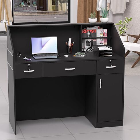 Spurgehom Reception Desk with Counter, Modern Front Table Equipped Lockers & Storage Shelves, 48-inch Checkout Counter with DIY Stripe for Lobbies, Salons, Retail, Home Offices, Reception Room in Saudi Arabia