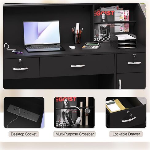 Spurgehom Reception Desk with Counter, Modern Front Table Equipped Lockers & Storage Shelves, 48-inch Checkout Counter with DIY Stripe for Lobbies, Salons, Retail, Home Offices, Reception Room in Saudi Arabia