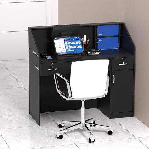 Spurgehom Reception Desk with Counter, Modern Front Table Equipped Lockers & Storage Shelves, 48-inch Checkout Counter with DIY Stripe for Lobbies, Salons, Retail, Home Offices, Reception Room in Saudi Arabia