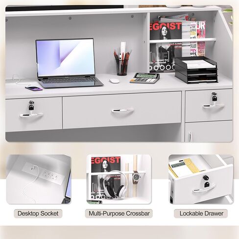 مكتب استقبال Spurgehom مع منضدة، وخزائن وأرفف تخزين مجهزة بطاولة أمامية حديثة، ومنضدة دفع مقاس 48 بوصة مع شريط DIY للردهات والصالونات والمحلات التجارية والمكاتب المنزلية وغرفة الاستقبال in Kuwait