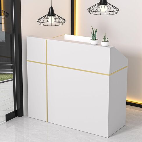 مكتب استقبال Spurgehom مع منضدة، وخزائن وأرفف تخزين مجهزة بطاولة أمامية حديثة، ومنضدة دفع مقاس 48 بوصة مع شريط DIY للردهات والصالونات والمحلات التجارية والمكاتب المنزلية وغرفة الاستقبال in Kuwait