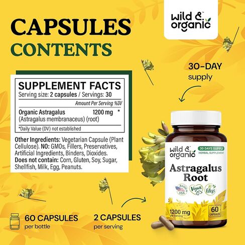 Wild & Organic Astragalus Capsules 1200 mg - Immune Support - Astragalus Root Powder Supplement - 90 Days of Supply - Vegan, No Fillers, Non-GMO - 180 Count in Kuwait
