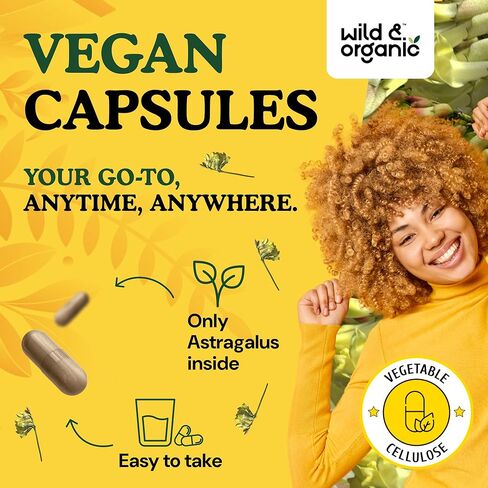 Wild & Organic Astragalus Capsules 1200 mg - Immune Support - Astragalus Root Powder Supplement - 90 Days of Supply - Vegan, No Fillers, Non-GMO - 180 Count in Kuwait