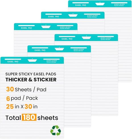 OLenyer Sticky Easel Pad, 25 x 30 Inch, White, 30 Sheets/Pad, 6 Pads/Pack, Flip Chart Paper for Teachers,Large Self-Stick Easel Paper, Super Sticking Power & Bleed-Resistant in Saudi Arabia