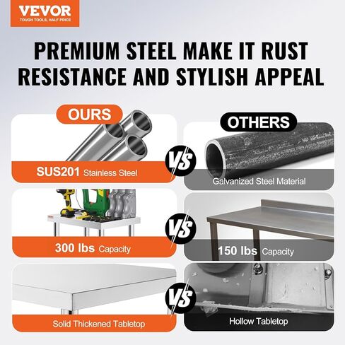 طاولة عمل من الفولاذ المقاوم للصدأ مقاس 36 × 24 بوصة من Vevor Mophorn مع 4 عجلات، طاولة عمل لإعداد الطعام شديدة التحمل لمطعم المطبخ التجاري، فضي in Kuwait