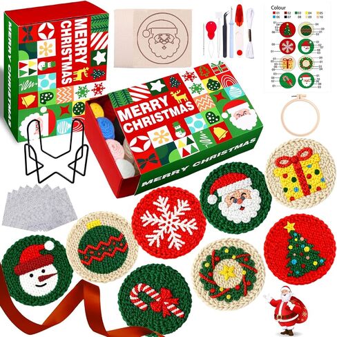 Vellibring 8 Pcs Christmas Punch Needle Coasters Kit, DIY Punch Needle Embroidery Kit for Beginners Including Classic Patterns, Tools, Yarns, Hoop, Instruction, Coaster Holder Art Craft Supplies in Saudi Arabia