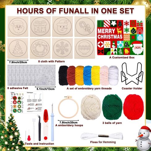 Vellibring 8 Pcs Christmas Punch Needle Coasters Kit, DIY Punch Needle Embroidery Kit for Beginners Including Classic Patterns, Tools, Yarns, Hoop, Instruction, Coaster Holder Art Craft Supplies in Saudi Arabia