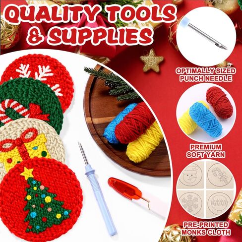 Vellibring 8 Pcs Christmas Punch Needle Coasters Kit, DIY Punch Needle Embroidery Kit for Beginners Including Classic Patterns, Tools, Yarns, Hoop, Instruction, Coaster Holder Art Craft Supplies in Saudi Arabia