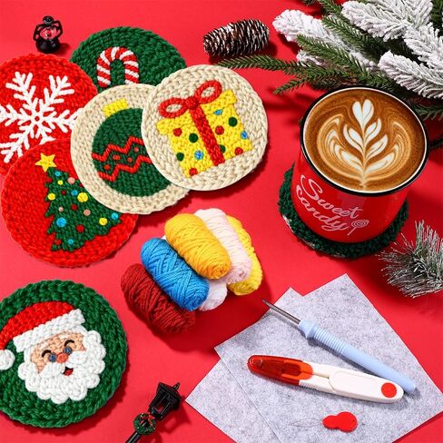 Vellibring 8 Pcs Christmas Punch Needle Coasters Kit, DIY Punch Needle Embroidery Kit for Beginners Including Classic Patterns, Tools, Yarns, Hoop, Instruction, Coaster Holder Art Craft Supplies in Saudi Arabia