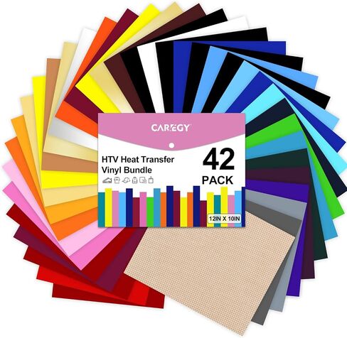 CAREGY HTV Heat Transfer Vinyl Bundle: 42 Pack 12" x 10" Sheets Iron on Vinyl, 30 Assorted Colors, Heat Transfer Vinyl for DIY T-Shirt in Saudi Arabia