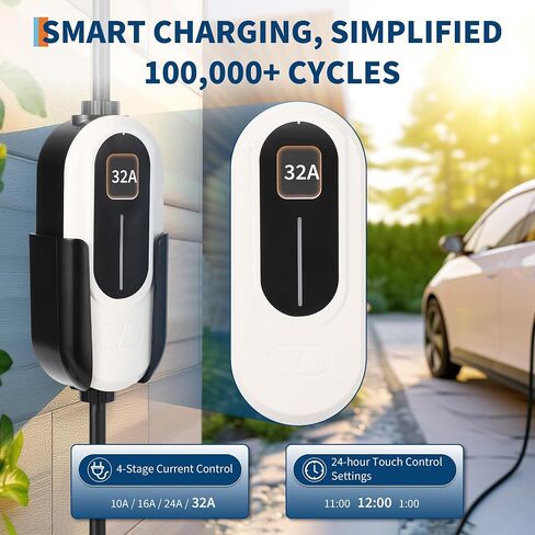 شاحن EV من المستوى 1، جهد 15 أمبير 110 فولت، قابس NEMA 5-15، كابل 25 قدمًا، مؤقت تيار/تأخير قابل للتعديل، شاحن سيارة كهربائي محمول مُدرج في قائمة SAE J1772 للاستخدام الداخلي/الخارجي in Kuwait