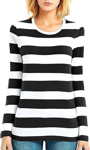Zecmos Long Sleeve T Shirt Women Striped Tee Crew Neck Wide Stripes Tops Casual in Kuwait