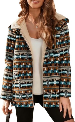 ZAFUL Women's Long Sleeve Zip Up Coat Faux Fur Ethnic Aztec Print Fall Jacket with Pocket Teddy Cropped Oversized Outwear in Saudi Arabia