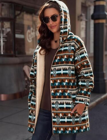 ZAFUL Women's Long Sleeve Zip Up Coat Faux Fur Ethnic Aztec Print Fall Jacket with Pocket Teddy Cropped Oversized Outwear in Saudi Arabia
