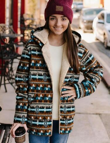 ZAFUL Women's Long Sleeve Zip Up Coat Faux Fur Ethnic Aztec Print Fall Jacket with Pocket Teddy Cropped Oversized Outwear in Saudi Arabia