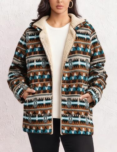 ZAFUL Women's Long Sleeve Zip Up Coat Faux Fur Ethnic Aztec Print Fall Jacket with Pocket Teddy Cropped Oversized Outwear in Saudi Arabia