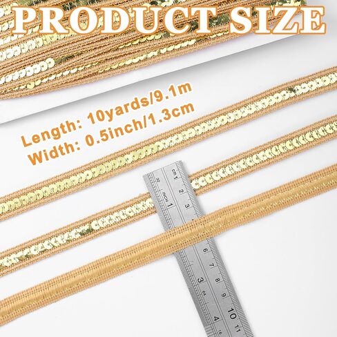 شريط من الترتر بطول 10 ياردات ذهبي، شريط من القماش اللامع من الترتر اللامع، أشرطة لامعة مسطحة، زخرفة معدنية، دانتيل لفستان مزين، عصابة رأس، حقيبة خياطة، 1/2 عرض in Kuwait