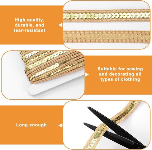 شريط من الترتر بطول 10 ياردات ذهبي، شريط من القماش اللامع من الترتر اللامع، أشرطة لامعة مسطحة، زخرفة معدنية، دانتيل لفستان مزين، عصابة رأس، حقيبة خياطة، 1/2 عرض in Kuwait