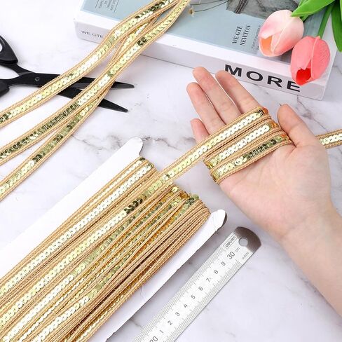 شريط من الترتر بطول 10 ياردات ذهبي، شريط من القماش اللامع من الترتر اللامع، أشرطة لامعة مسطحة، زخرفة معدنية، دانتيل لفستان مزين، عصابة رأس، حقيبة خياطة، 1/2 عرض in Kuwait