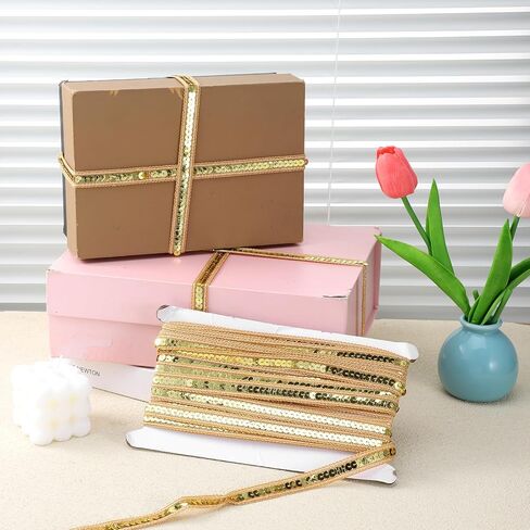 شريط من الترتر بطول 10 ياردات ذهبي، شريط من القماش اللامع من الترتر اللامع، أشرطة لامعة مسطحة، زخرفة معدنية، دانتيل لفستان مزين، عصابة رأس، حقيبة خياطة، 1/2 عرض in Kuwait