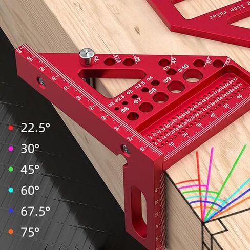 مسطرة قياس ثلاثية الأبعاد متعددة الزوايا، مربع مثلث النجار، مسطرة مثلثة من سبائك الألومنيوم 45 درجة/90 درجة مربعة، أداة خط رسم النجارة (أحمر) in Kuwait