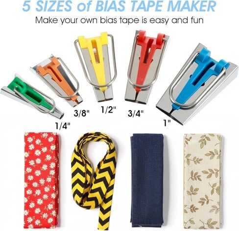 صانع شريط التحيز 5 أحجام أداة صنع شريط التحيز 1/4 بوصة 3/8 بوصة 1/2 بوصة 3/4 بوصة 1 بوصة صانع ربط DIY لخياطة أدوات خياطة اللحف مجموعة أدوات ربط لخياطة نسيج اللحف بسرعة in Kuwait