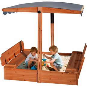 RUNSHED Kids Wooden Sandbox, Locking Lid, Canopy & Foldable Benches in Kuwait