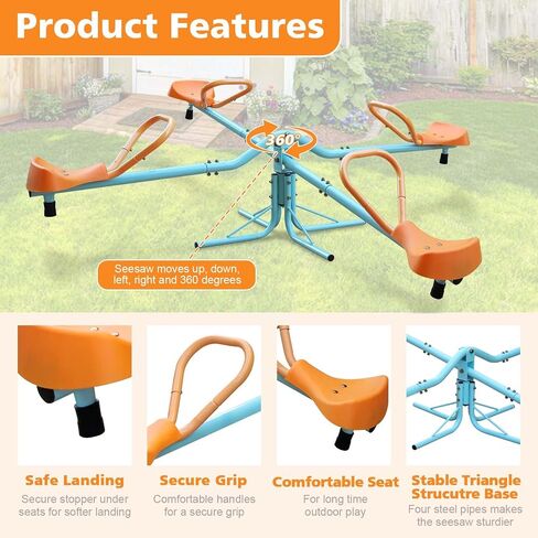 360 Degree Rotation Seesaw Swivel Teeter-Totter, 2/3/4 Seats Sit and Spin Outdoor Playground Equipment for Kids, Toddlers, Boys, Children (Orange-4 Seats) in Kuwait