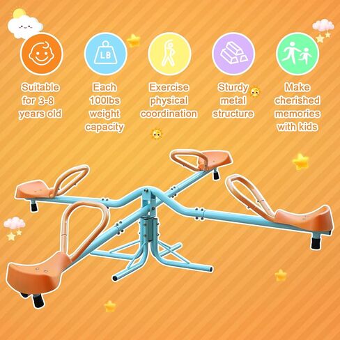 360 Degree Rotation Seesaw Swivel Teeter-Totter, 2/3/4 Seats Sit and Spin Outdoor Playground Equipment for Kids, Toddlers, Boys, Children (Orange-4 Seats) in Kuwait