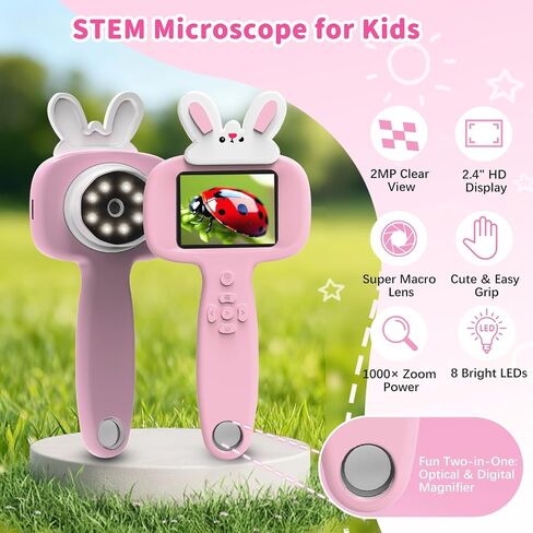 1000X Microscope for Kids with 16 Slides, 2.4" Handheld Digital Pocket Microscope, STEM Educational Science Toys for Christmas Birthday Gifts for 3+ 4 5 6 7 8 9 10 11 12 Year Old Boys Girls, Pink in Saudi Arabia