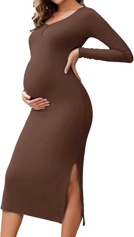 فستان الأمومة النسائي مقسمة bodycon Henley Button Midi Photoshoot Dressal Long Sleeve Dresses for Wedding Guest in Saudi Arabia