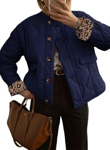Dokotoo Casual Quilted Jackets for Women Button Down Leopard Puffer Jacket Womens Winter Coats with Pockets in Kuwait