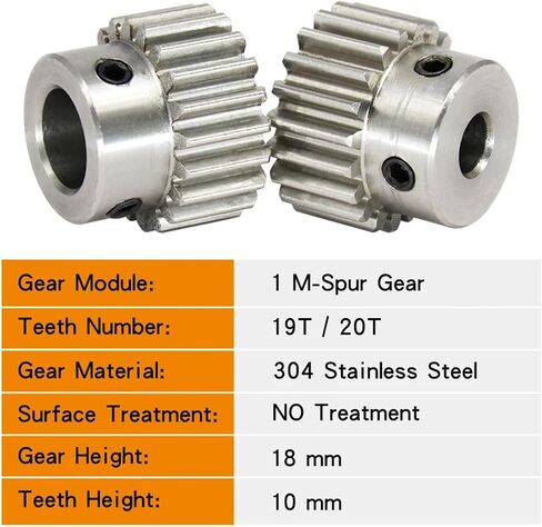 Spur Gear 1M-19T/20T Bore Size 6/8/10mm 304 Stainless Steel Teeth Thickness 10 1Pcs(1M20T (Bore 8 mm)) in Kuwait
