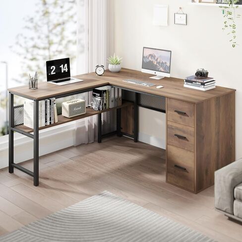 LVB Black L Shaped Desk, Reversible Computer Office Desk with Drawers, Modern Large L Shape Gaming Desk Table with File Cabinets, Wood Executive Corner Desk with Storage Shelf for Bedroom, 59 Inch in Saudi Arabia