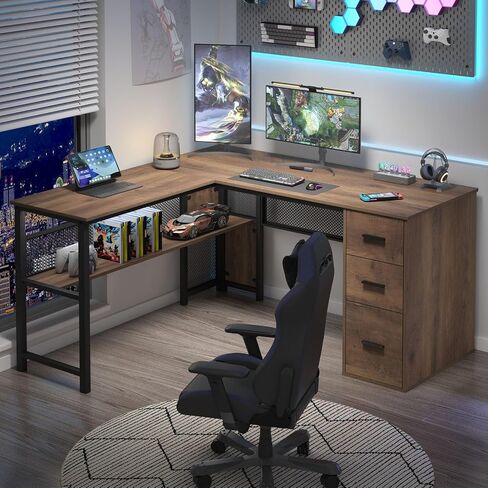 LVB Black L Shaped Desk, Reversible Computer Office Desk with Drawers, Modern Large L Shape Gaming Desk Table with File Cabinets, Wood Executive Corner Desk with Storage Shelf for Bedroom, 59 Inch in Saudi Arabia