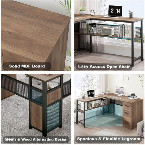 LVB Black L Shaped Desk, Reversible Computer Office Desk with Drawers, Modern Large L Shape Gaming Desk Table with File Cabinets, Wood Executive Corner Desk with Storage Shelf for Bedroom, 59 Inch in Saudi Arabia