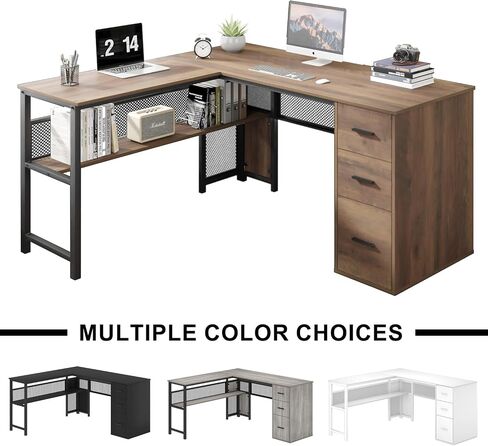 LVB Black L Shaped Desk, Reversible Computer Office Desk with Drawers, Modern Large L Shape Gaming Desk Table with File Cabinets, Wood Executive Corner Desk with Storage Shelf for Bedroom, 59 Inch in Saudi Arabia