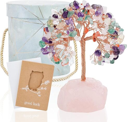 ZenBless 7 Chakra Healing Crystals Stones Tree, Amethyst, Pink Crystal, Aquamarine Leaf Wire Wrapped on Natural Agate Slice Base, Home Office Desk Living Room Feng Shui Decoration for Wealth and Luck in Saudi Arabia