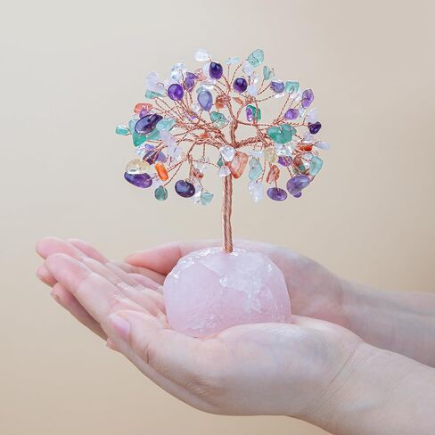 ZenBless 7 Chakra Healing Crystals Stones Tree, Amethyst, Pink Crystal, Aquamarine Leaf Wire Wrapped on Natural Agate Slice Base, Home Office Desk Living Room Feng Shui Decoration for Wealth and Luck in Saudi Arabia