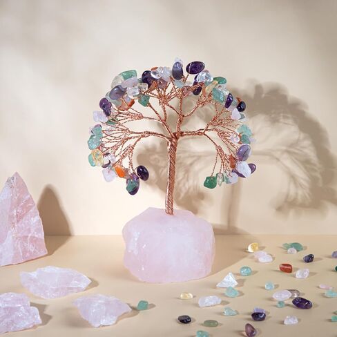 ZenBless 7 Chakra Healing Crystals Stones Tree, Amethyst, Pink Crystal, Aquamarine Leaf Wire Wrapped on Natural Agate Slice Base, Home Office Desk Living Room Feng Shui Decoration for Wealth and Luck in Saudi Arabia