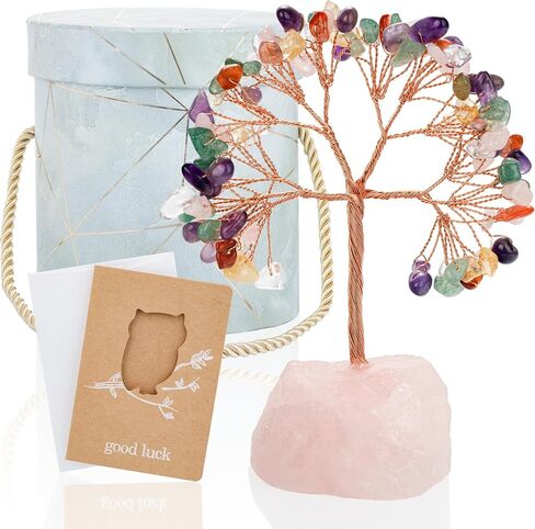 ZenBless 7 Chakra Healing Crystals Stones Tree, Amethyst, Pink Crystal, Aquamarine Leaf Wire Wrapped on Natural Agate Slice Base, Home Office Desk Living Room Feng Shui Decoration for Wealth and Luck in Saudi Arabia