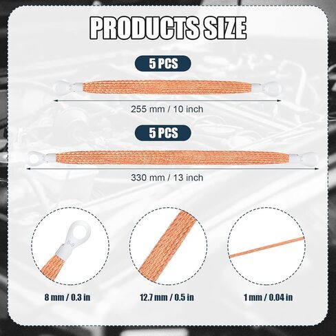 10pcs Universal Automotive Ground Straps, 10/12 inch Engine Ground Strap Kit Braided Copper Ground Straps Automotive Ground Strap Wire Ground Strap Connectors for Most Cars (Copper) in Saudi Arabia