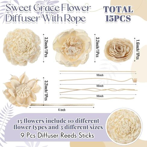 15 Pieces Diffuser Mixed Sola Flowers Natural Material Aromatherapy Reed Wood Flowers Decorative Aromatherapy Flower Placement Refill Wood Flower Diffuser with Rope for Home Fragrance in Saudi Arabia