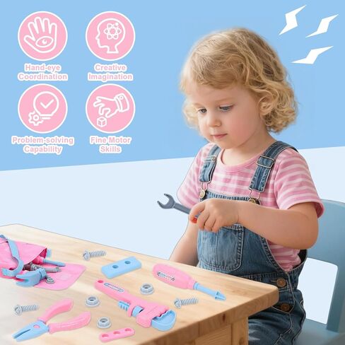 مجموعة أدوات الأطفال، 48 قطعة مجموعة أدوات للأطفال الصغار مع مثقاب إلكتروني وشريط قياس للأطفال، زي ألعاب البناء التظاهري مع حزام أدوات للأطفال وقفازات، صندوق أدوات ألعاب للفتيات الصبية من سن 3 إلى 8 سنوات in Kuwait