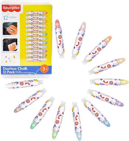 مجموعة الطباشير بدون غبار من Fisher-Price™ - 12 لونًا ساطعًا مع حوامل قابلة للتعديل، وحقيبة تخزين محمولة، ومستلزمات فنية قابلة للغسل، وآمنة وغير سامة، ورسم على السبورات والأرصفة والورق in Saudi Arabia