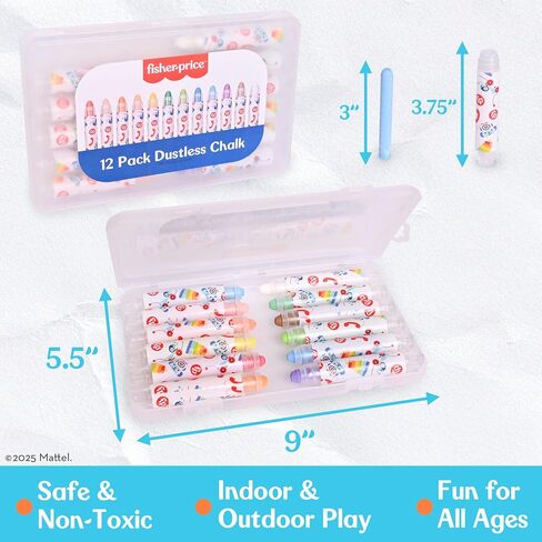 مجموعة الطباشير بدون غبار من Fisher-Price™ - 12 لونًا ساطعًا مع حوامل قابلة للتعديل، وحقيبة تخزين محمولة، ومستلزمات فنية قابلة للغسل، وآمنة وغير سامة، ورسم على السبورات والأرصفة والورق in Saudi Arabia